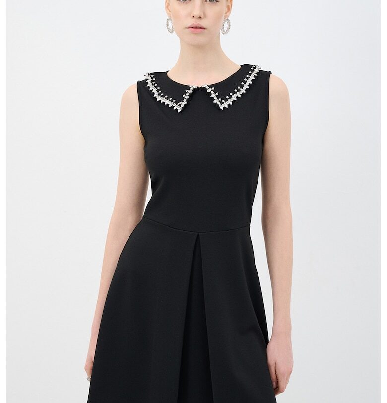 Къса рокля с яка Peter Pan и декоративни камъни - Черен adL