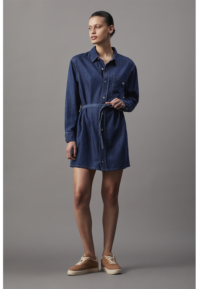 Къса рокля тип риза с лиосел с дълги ръкави - Петролно синьо CALVIN KLEIN JEANS