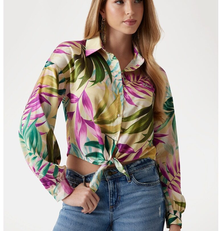 Къса сатинирана риза - Зелен/Фуксия/Сламеножълт GUESS