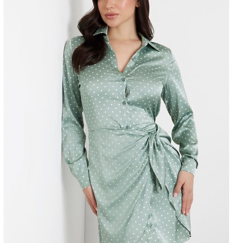 Къса сатинирана рокля на точки - Бял/Персийско зелено GUESS