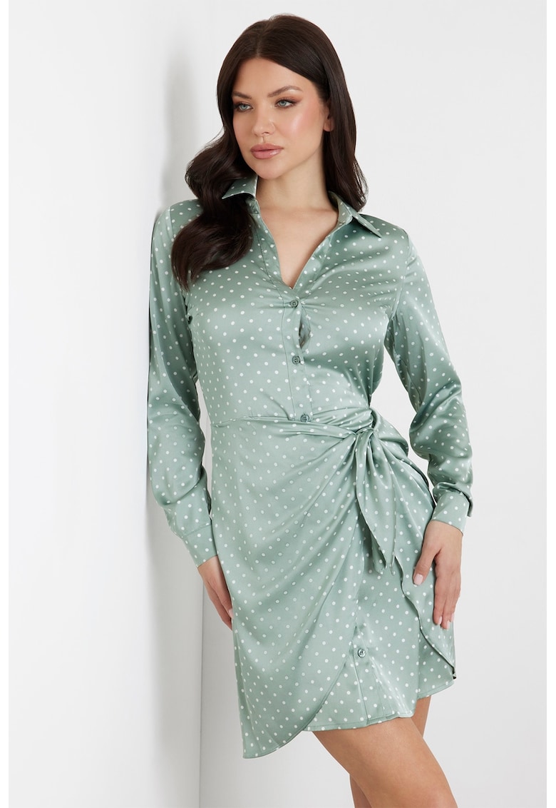 Къса сатинирана рокля на точки - Бял/Персийско зелено GUESS