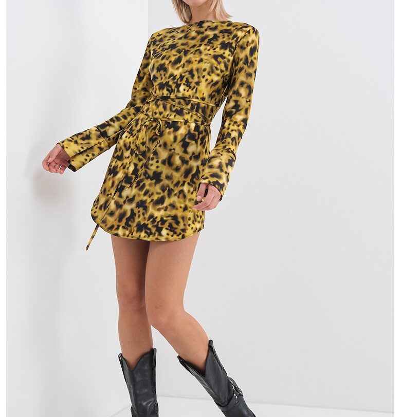 Къса сатинирана рокля с връзки - Черен/Синапено жълто MaxCo