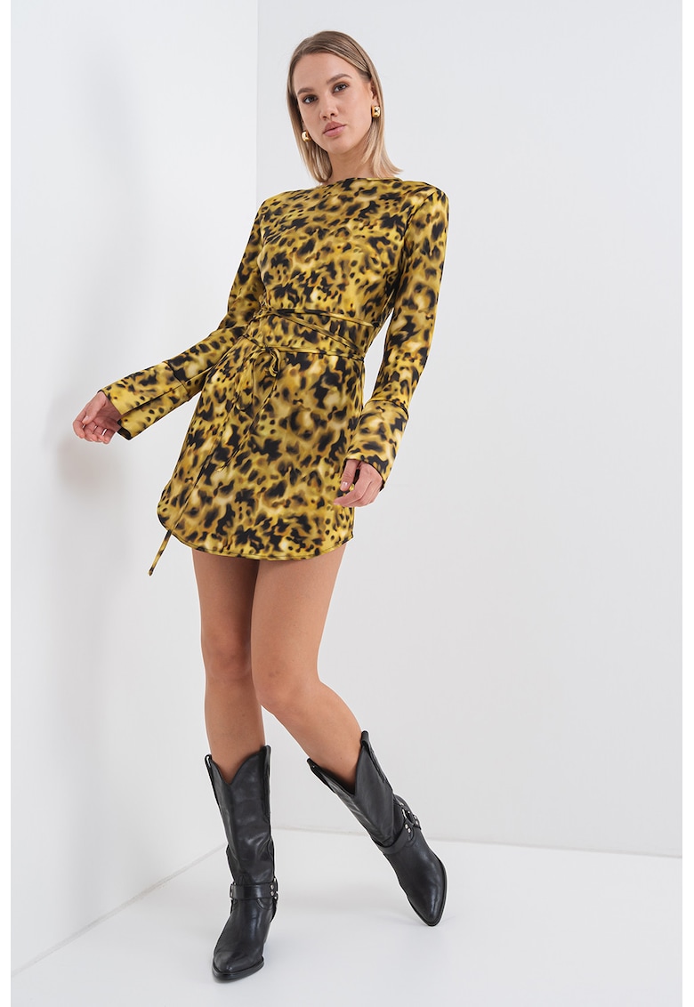 Къса сатинирана рокля с връзки - Черен/Синапено жълто MaxCo