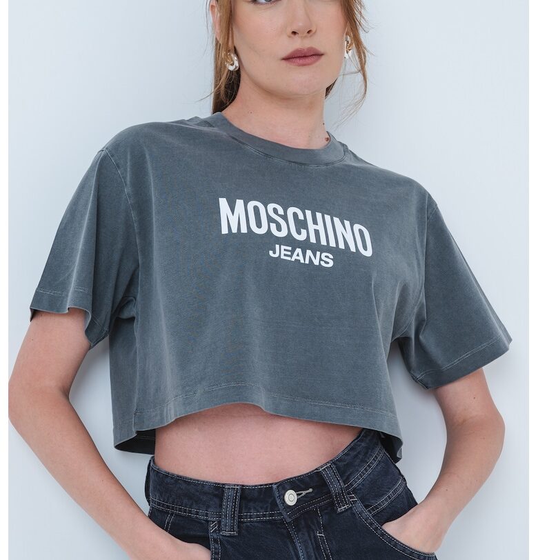 Къса тениска с лого - Бял/Tъмносив Moschino Jeans