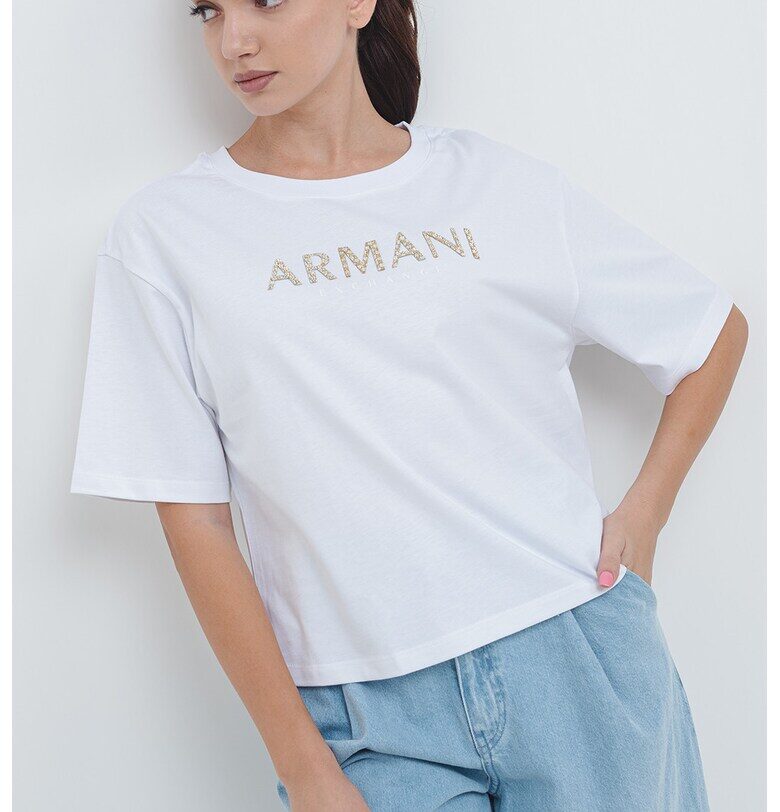 Къса тениска с паднали ръкави - Бял/Златист ARMANI EXCHANGE