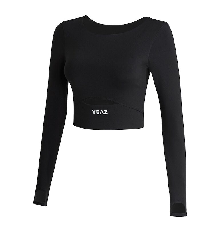 Къса фитнес блуза Revelation с отвор отпред - Черен YEAZ