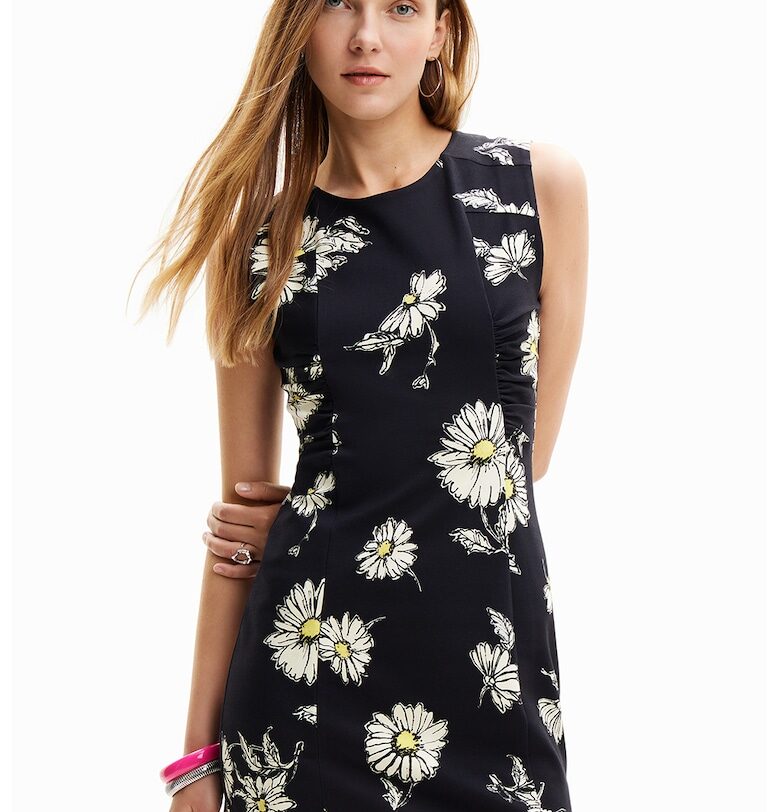 Къса флорална рокля - Бял/Черен/Жълт DESIGUAL