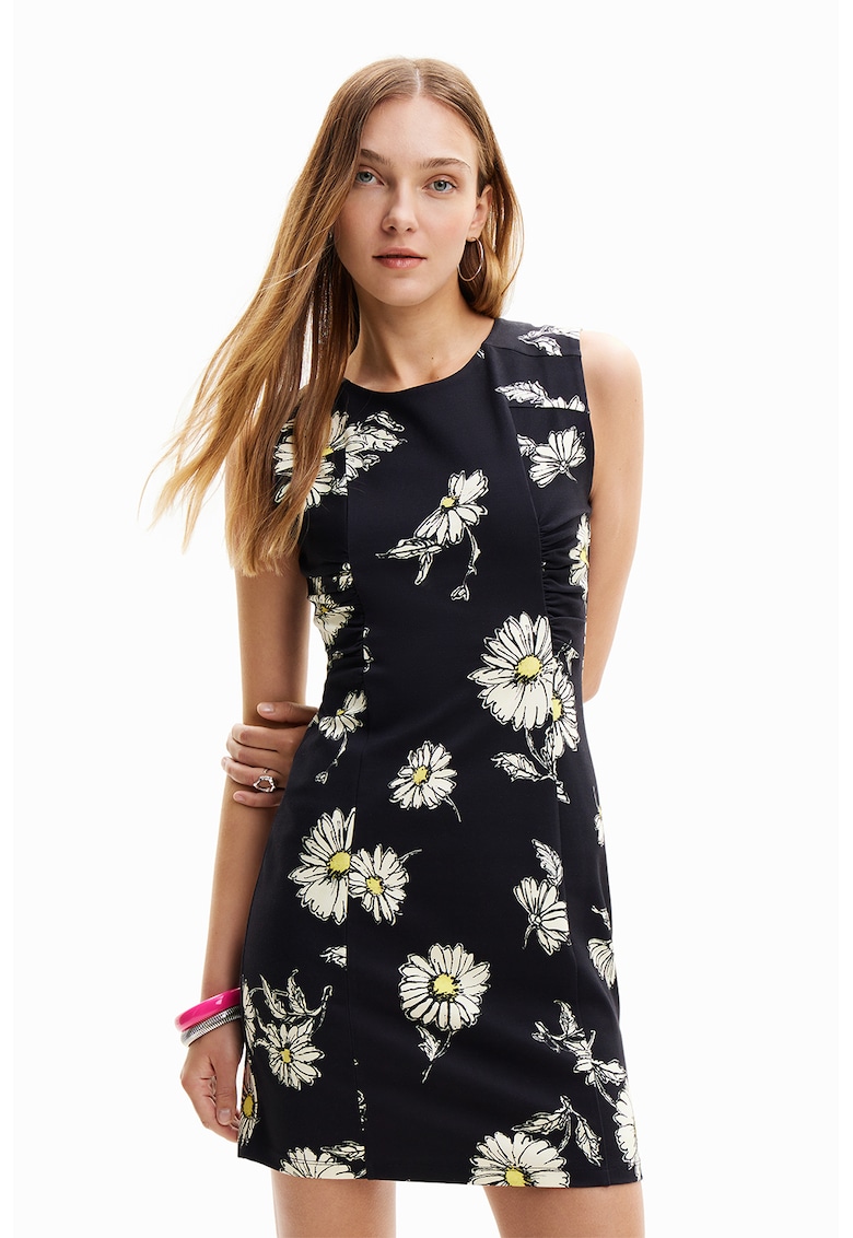 Къса флорална рокля - Бял/Черен/Жълт DESIGUAL