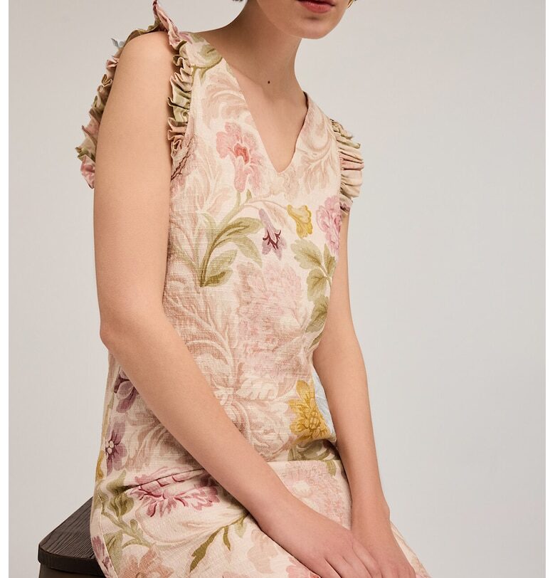 Къса флорална рокля от жакард - Зелен/Розово Motivi