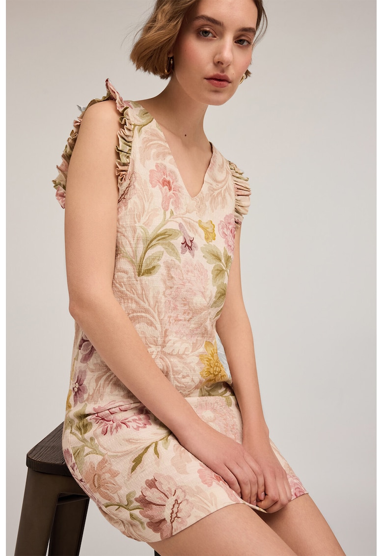 Къса флорална рокля от жакард - Зелен/Розово Motivi