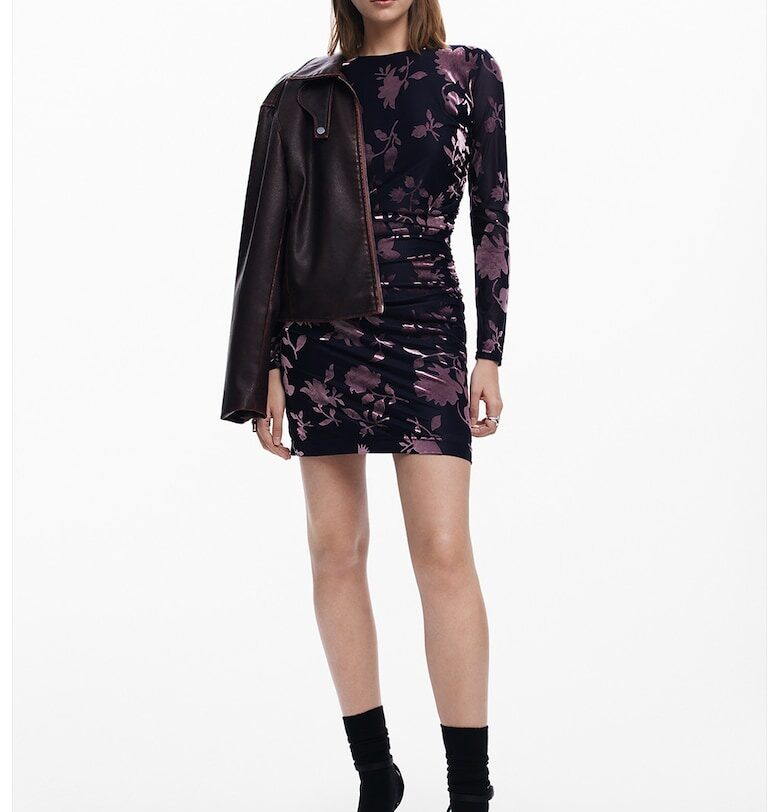 Къса флорална рокля с дълги ръкави - Ултрамарин синьо/Тъмновиолетов DESIGUAL