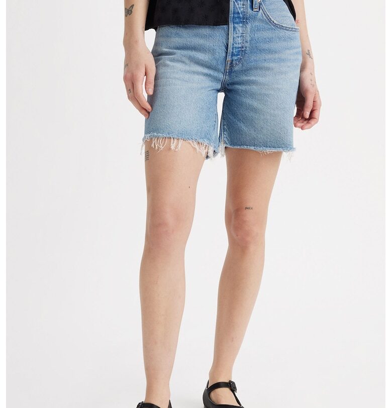 Къси дънки с висока талия и незавършени краища - Светлосин Levis