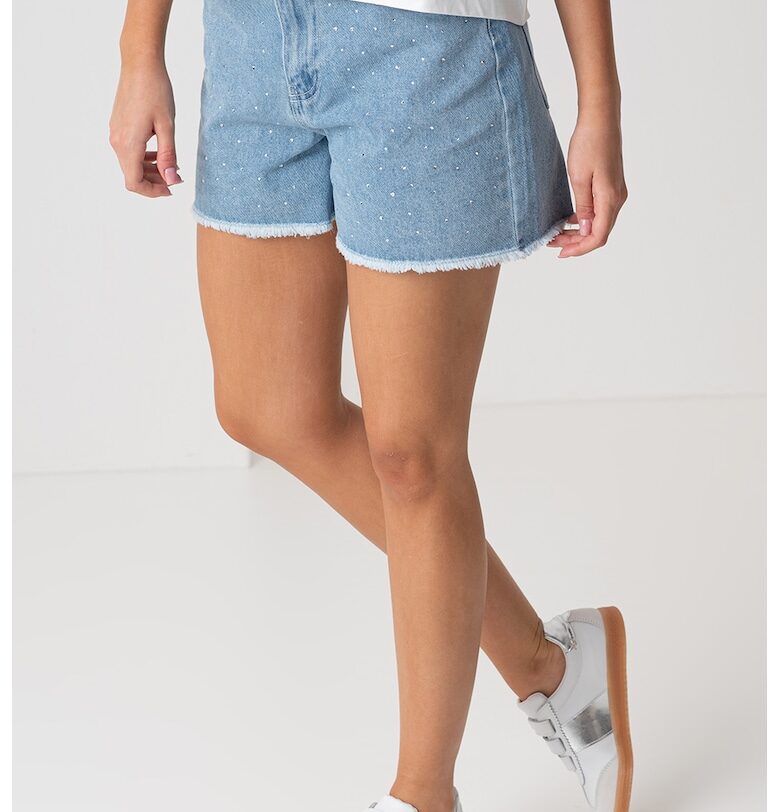 Къси дънки с декоративни камъни и незавършен подгъв - Светлосин Pieces