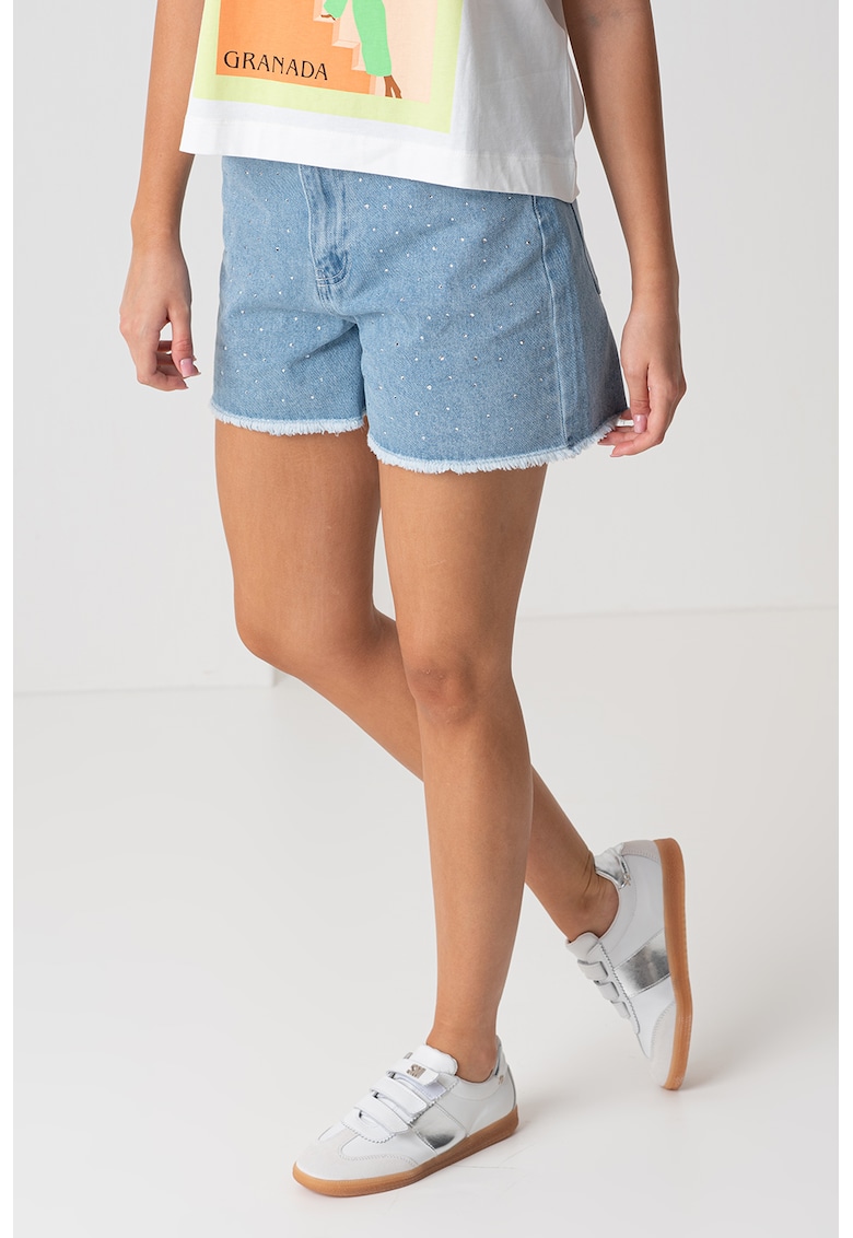 Къси дънки с декоративни камъни и незавършен подгъв - Светлосин Pieces