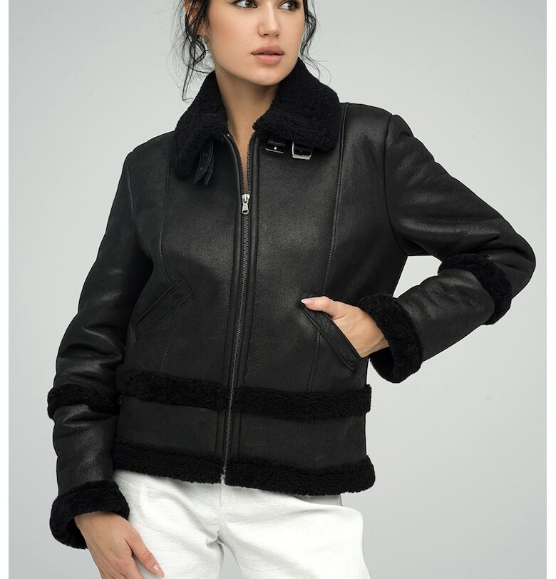 Късо зимно кожено яке - Черен AA Vesa