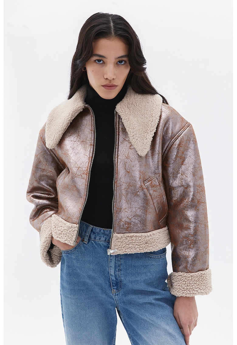 Късо палто с цип - Карамел/Крем/Сребрист OXXO