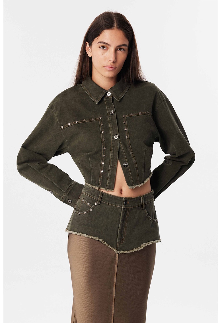 Късо свободно яке от деним - Маслинено зелено TWIST