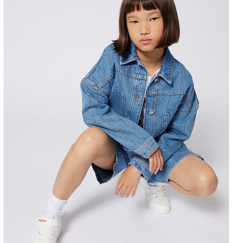 Късо яке от деним с декоративни камъни - Прашно синьо HUGO