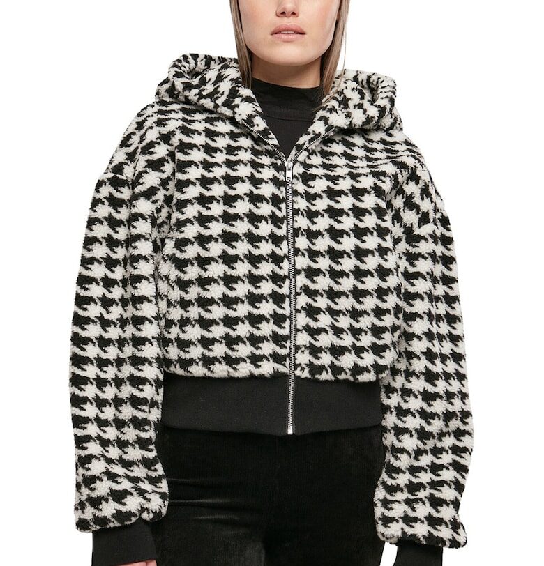 Късо яке с качулка и пепит - Бял/Черен Urban Classics