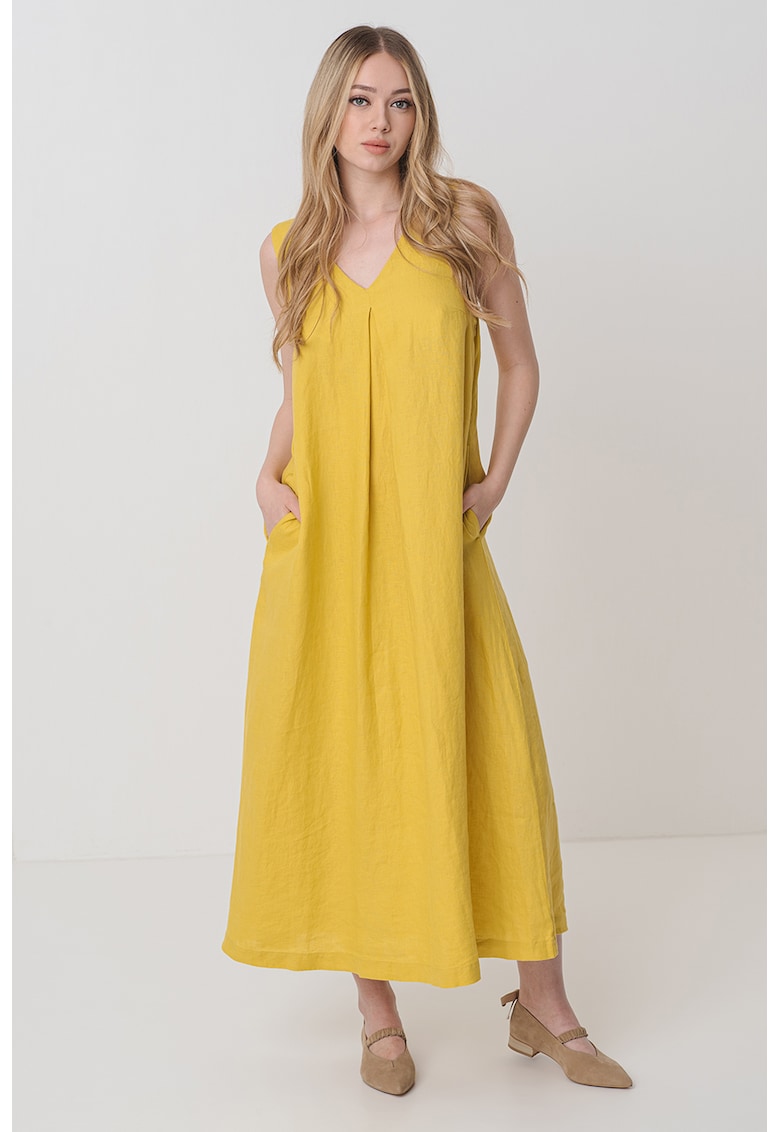 Ленена миди рокля с шпиц - Жълт United Colors of Benetton