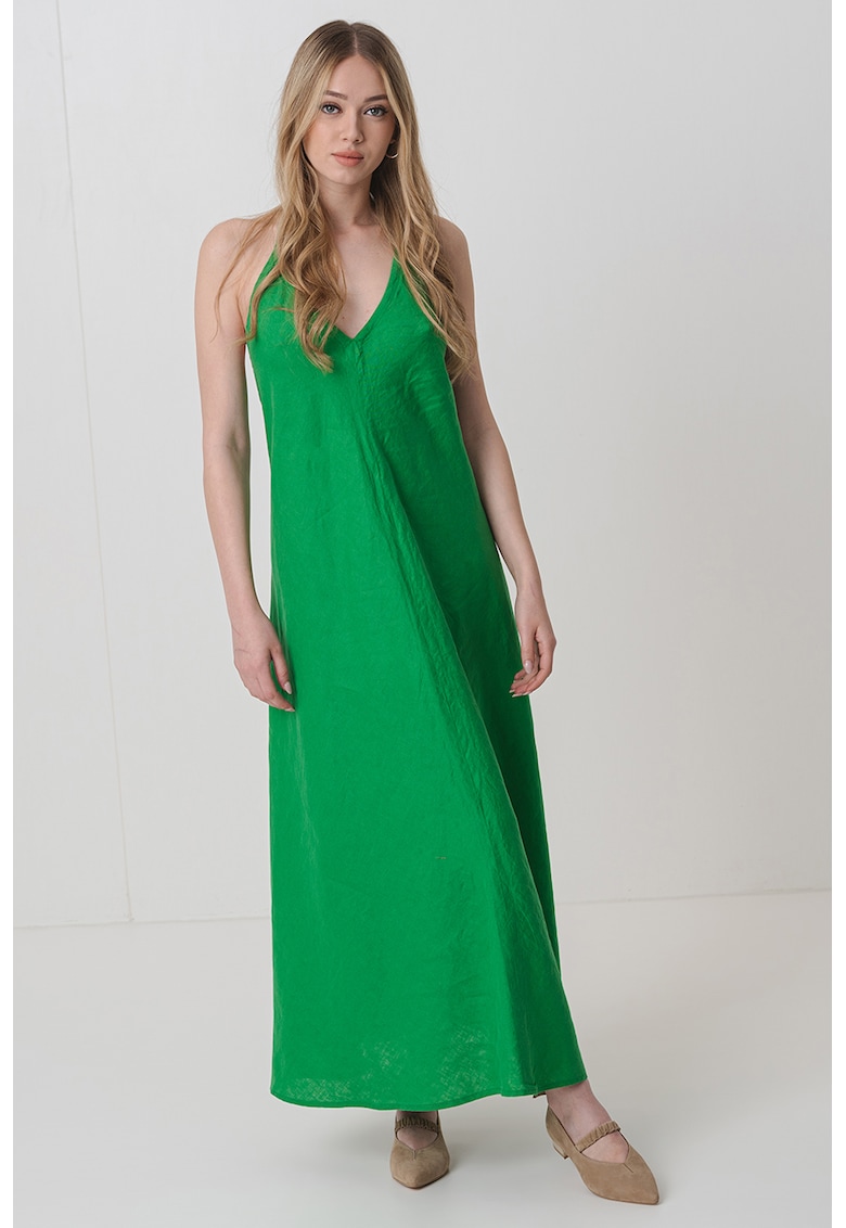 Ленена миди рокля с шпиц - Лайм зелено United Colors of Benetton