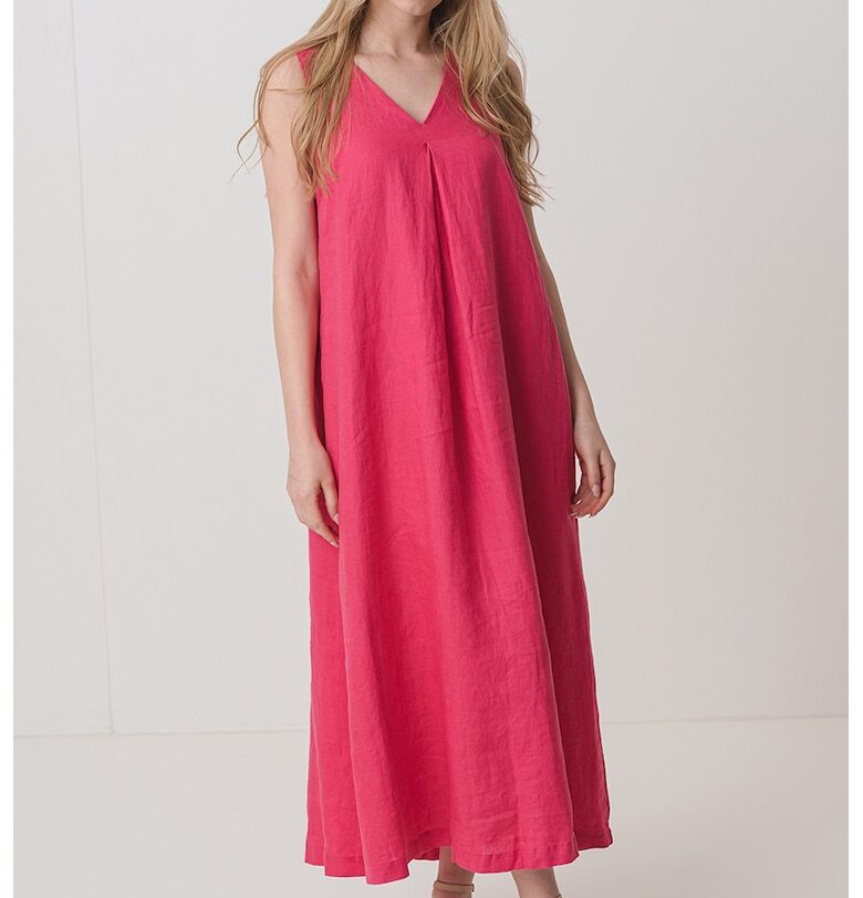 Ленена миди рокля с шпиц - Фуксия United Colors of Benetton