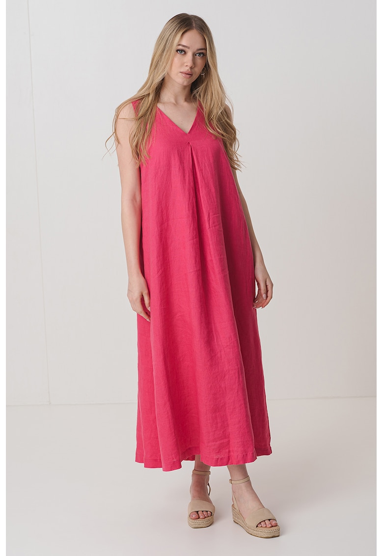 Ленена миди рокля с шпиц - Фуксия United Colors of Benetton