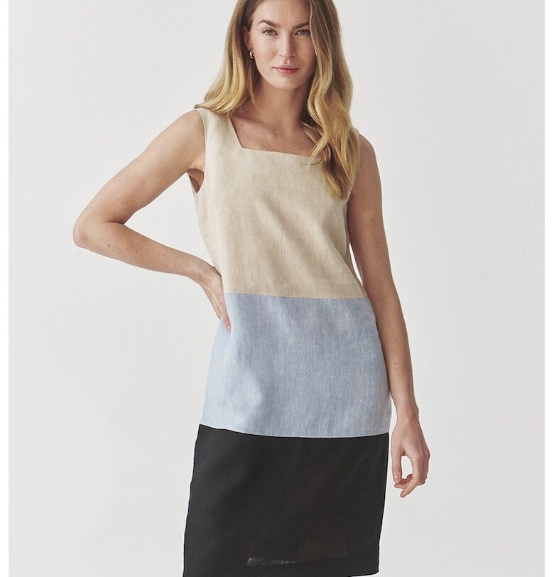 Ленена рокля Rokna 2 без ръкави - Черен/Светлосин/Крем Tatuum