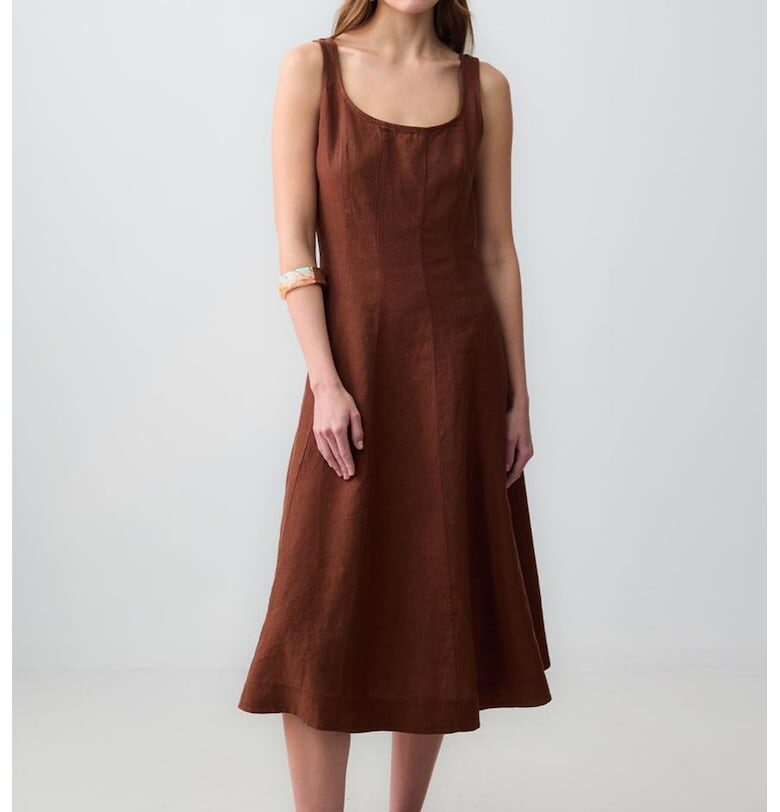 Ленена рокля без ръкави с овално деколте - Канелено кафяво JIMMY KEY