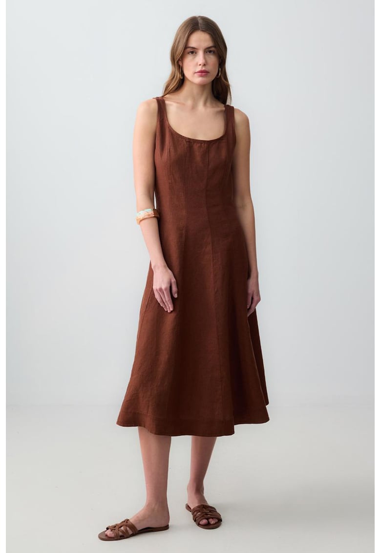 Ленена рокля без ръкави с овално деколте - Канелено кафяво JIMMY KEY