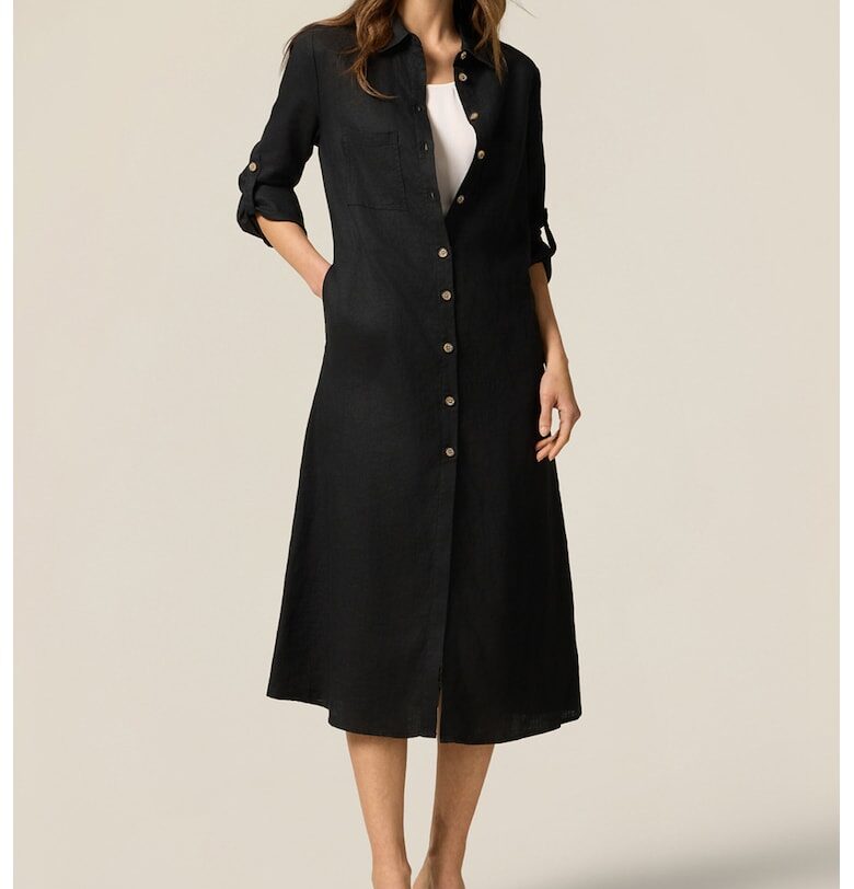 Ленена рокля-риза с дълги ръкави - Черен Oltre