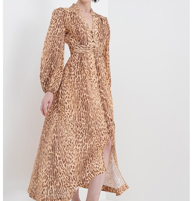 Ленена рокля с животинска шарка - Тъмнокафяв/Светлокафяв ZIMMERMANN