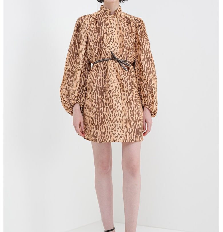 Ленена рокля с животинска шарка и ниска яка - Тъмнокафяв/Светлокафяв ZIMMERMANN