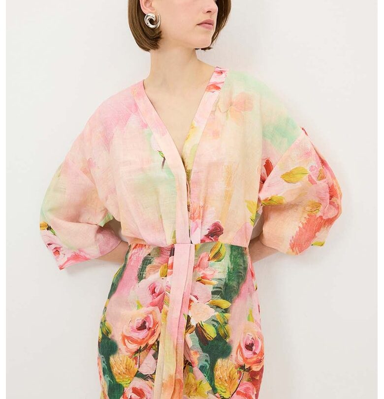 Ленена рокля с цепка встрани - Зелен/Праскова adL