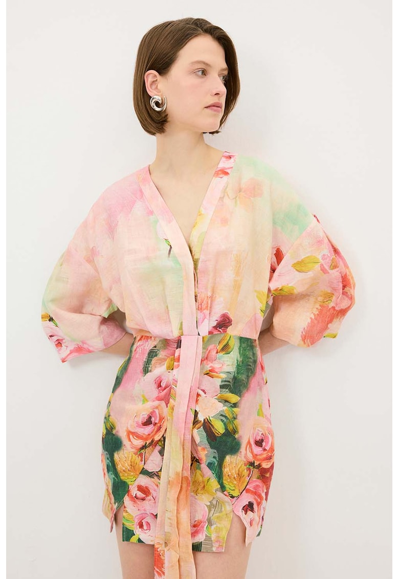 Ленена рокля с цепка встрани - Зелен/Праскова adL