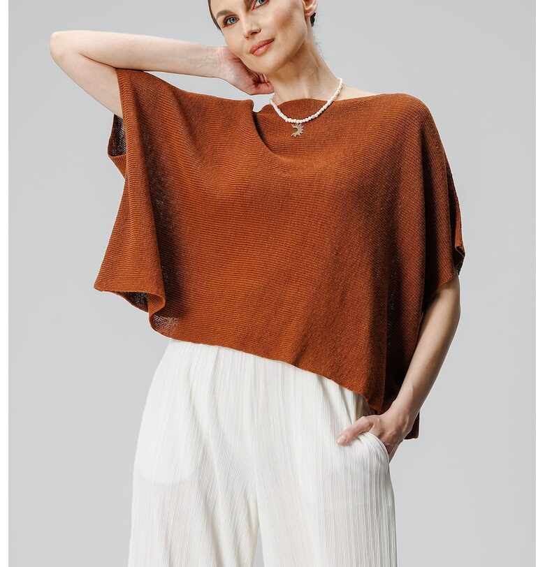 Ленена тениска с ръкави тип прилеп - Кафяв Laneria