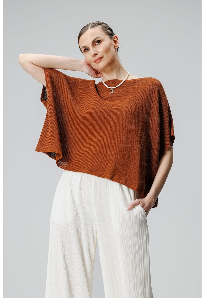 Ленена тениска с ръкави тип прилеп - Кафяв Laneria