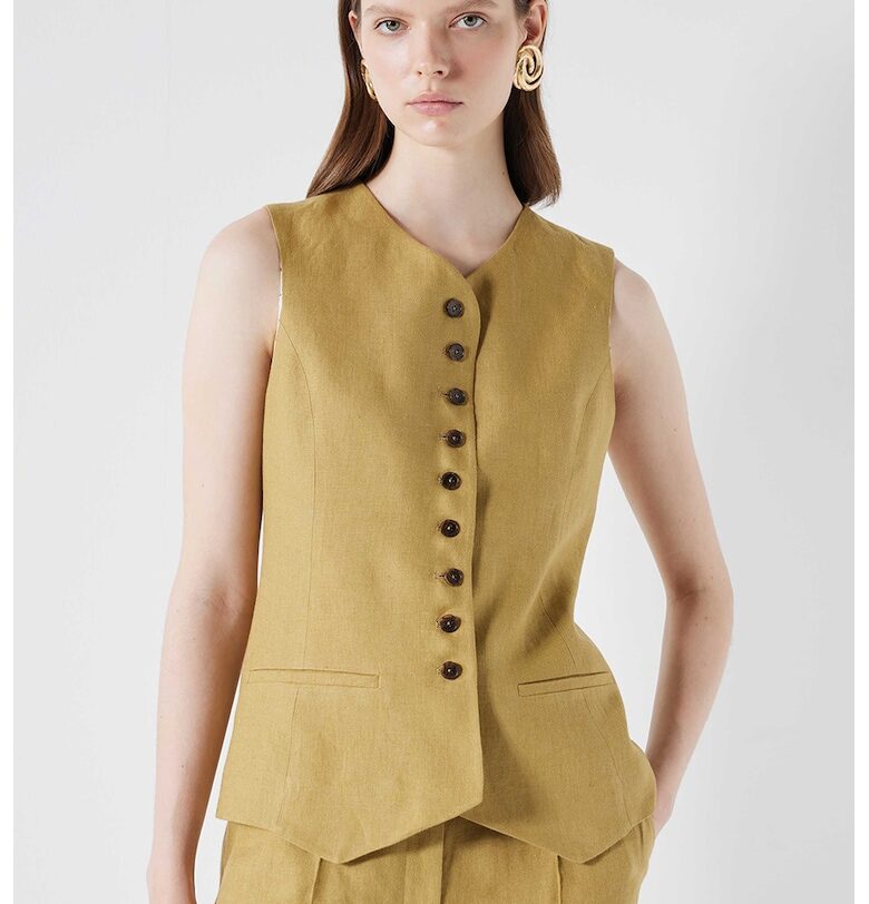 Ленено сако с копчета - без ръкави - Синапено жълто Ipekyol