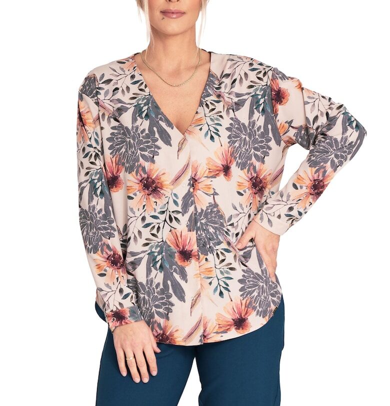 Лятна блуза  с V-образно деколте - флорален мотив - Многоцветен Figl