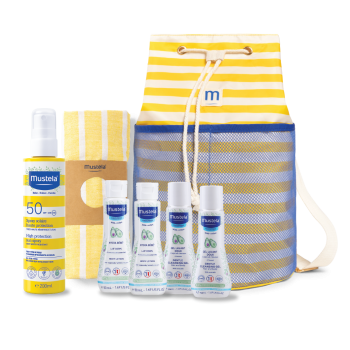 МУСТЕЛА Слънцезащитен спрей SPF50 200мл. + раница + кърпа + 4 мини продукта ПРОМО цена