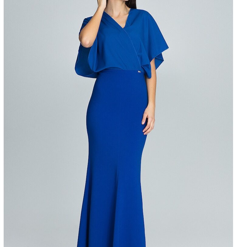 Макси вечерна рокля  разкроени ръкави - синя - елегантна - полиестер Figl