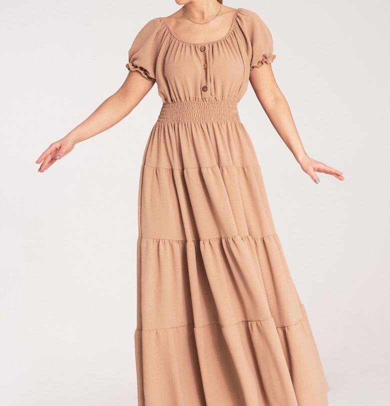 Макси рокля  бежова - с волани - полиестер - за лятото - Един размер Figl