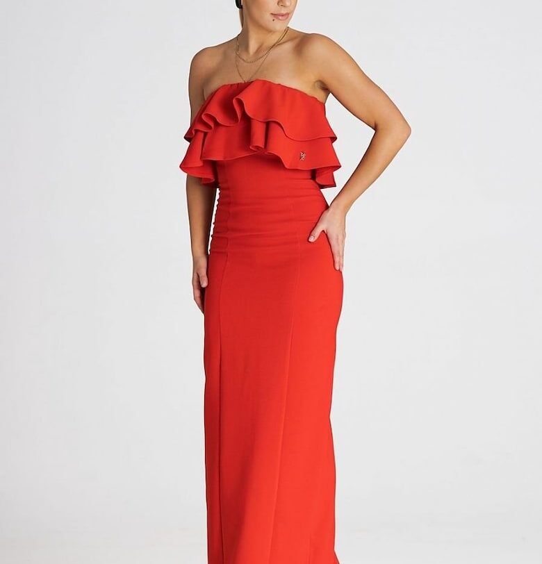 Макси рокля  елегантност - двойни волани - червено - еластан - полиестер - вискоза Figl