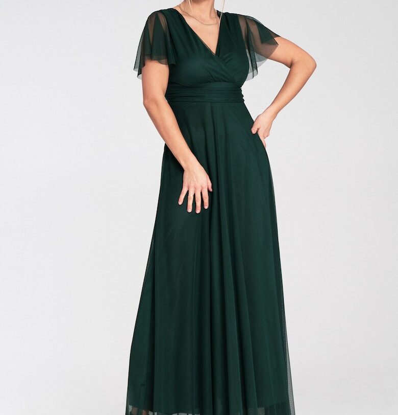 Макси рокля  зелена - мрежеста - с къси ръкави - деколте с плик - за жени - SM Figl