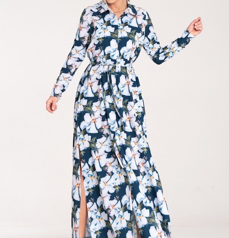 Макси рокля -  с копчета - сини флорални мотиви - полиестер - Figl