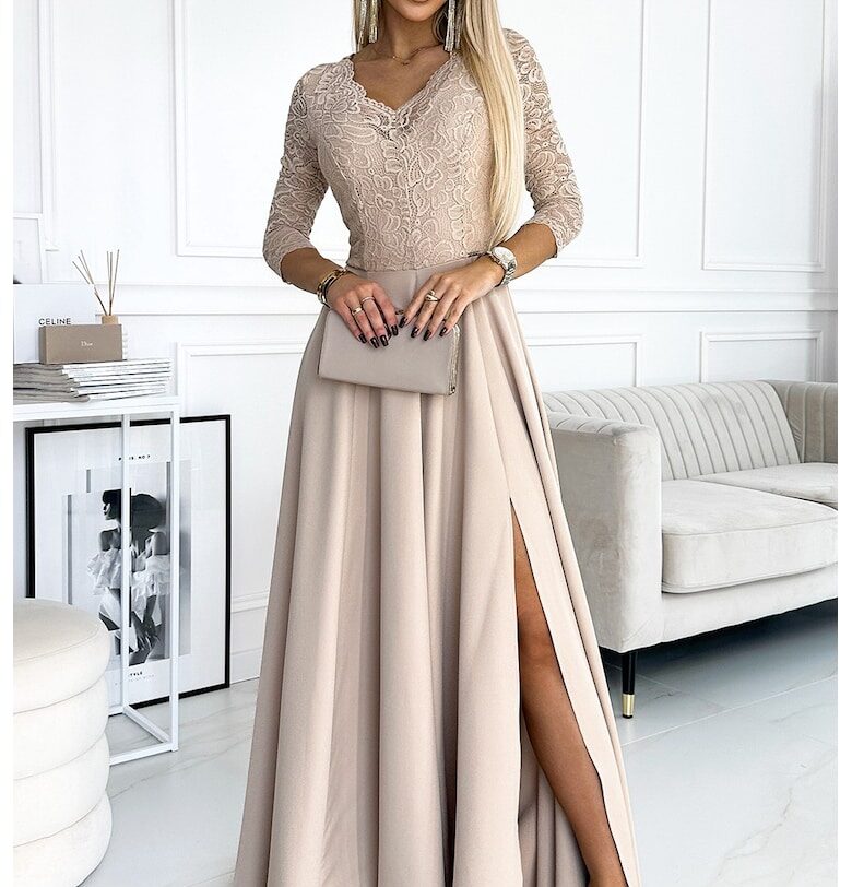 Макси рокля с цепка на крачола и V-образно деколте -  Бежов Numoco