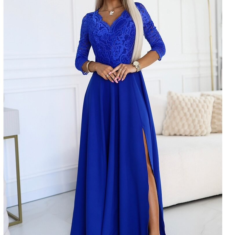 Макси рокля с цепка на крачола и V-образно деколте -  Син Numoco