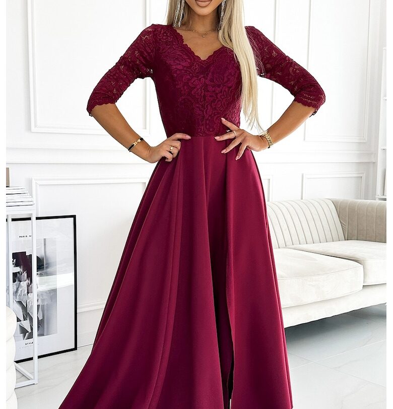 Макси рокля с цепка на крачола и V-образно деколте -  Тъмночервен Numoco