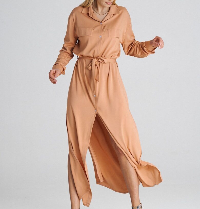 Макси рокля тип риза  оранжева - свободна кройка - полиестер Figl