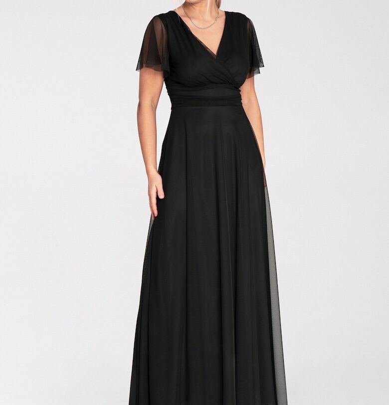 Макси рокля -  черна - мрежеста - елегантна - с къс ръкав - обгръщаща се кройка - SM Figl